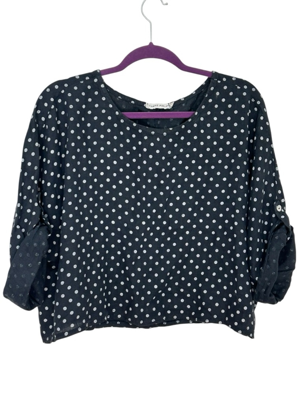 Tempo Paris Polka Dot Cropped Linen Blouse Top - Blue with White Dots Size S